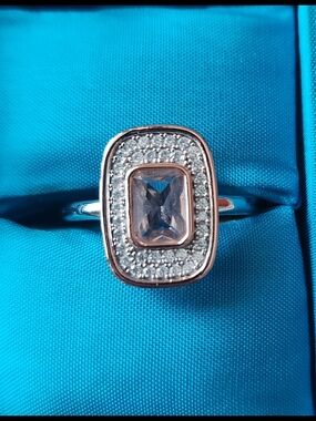 Tocara Rectangular Halo Rose Gold & Silver Ring with Clear Center Stone